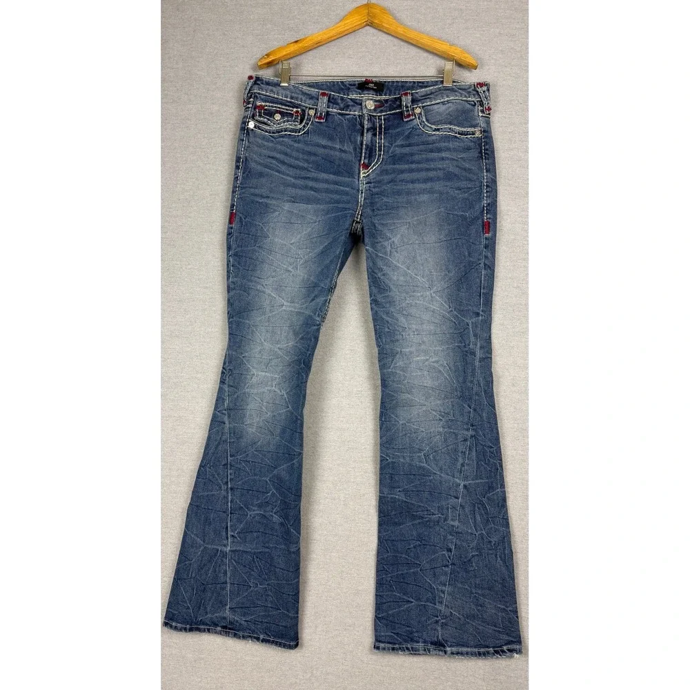 True Religion Joey Low Rise Flare Super T Stitch Blue Denim Jeans Mens 37 x 31.5